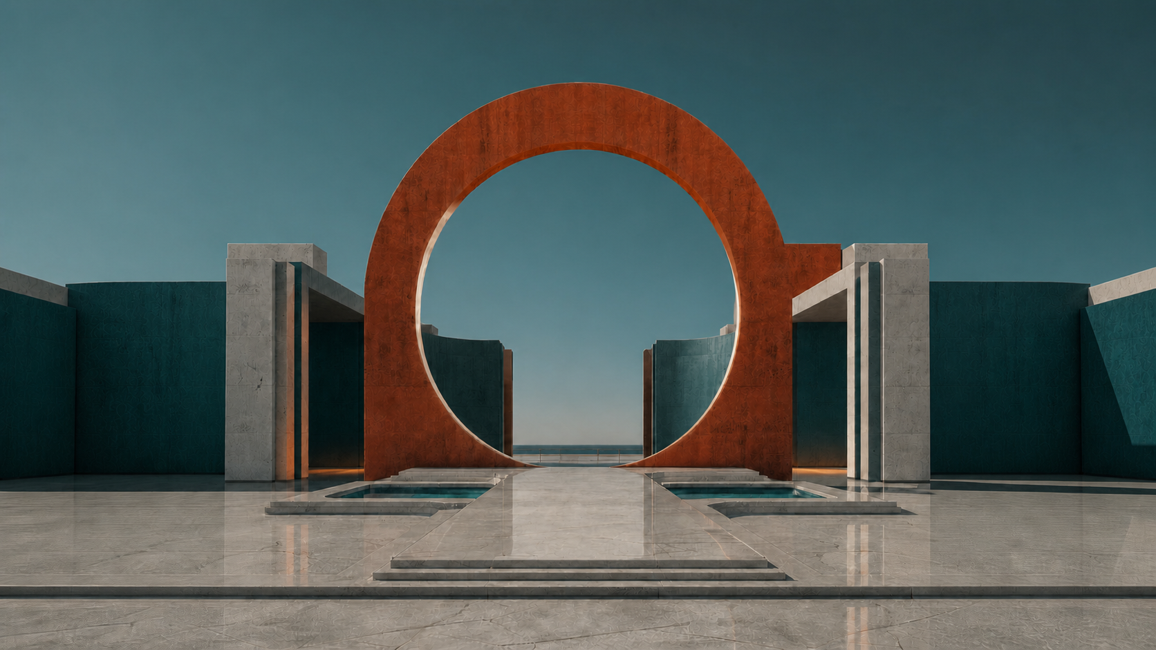 Monumental teal and burnt-orange architecture opening onto a muted sky